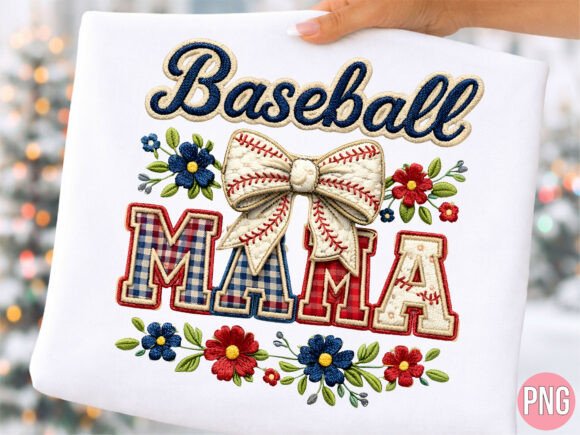 Baseball Mama Floral Embroidery Bow PNG