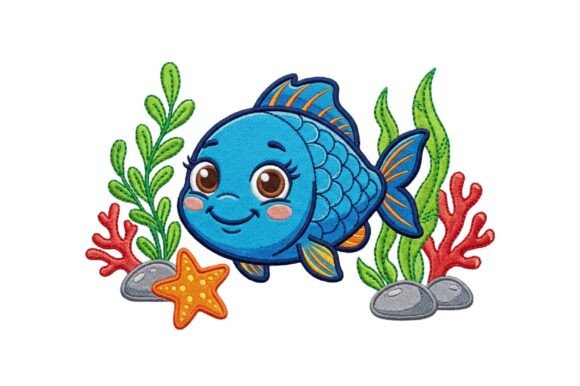 Cute Blue Fish Embroidery Design