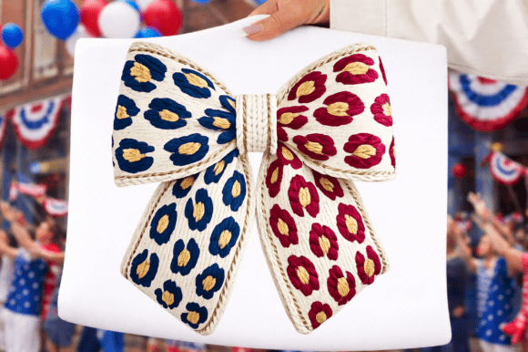 Patriotic Leopard Bow Faux Embroidery PNG
